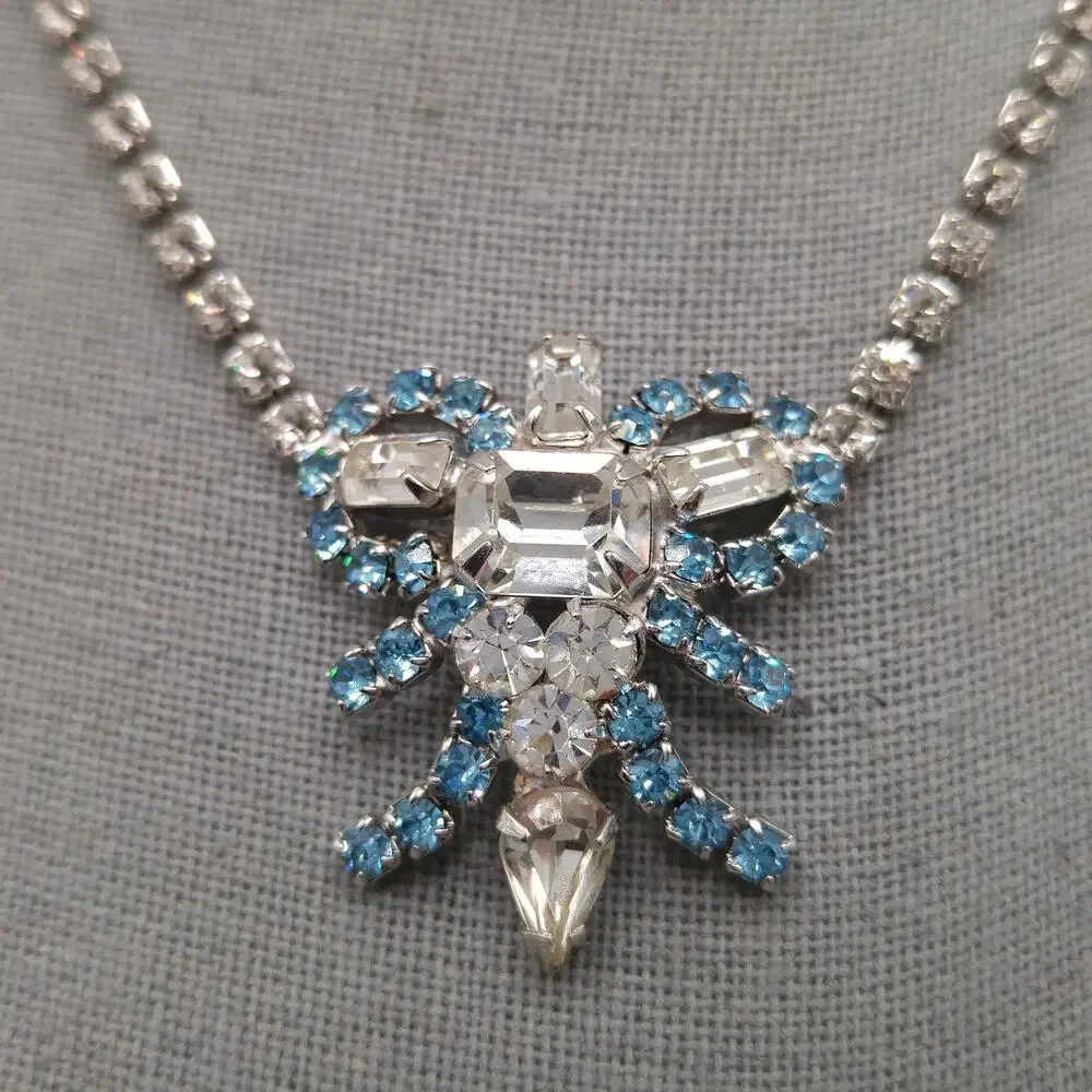 Mid-Century Turquoise Blue Clear Rhinestone Choker Necklace, Rhodium Plated